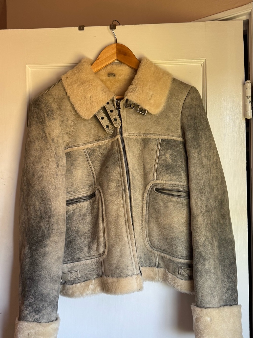 Vintage Vakko Shearling Leather Jacket in Cream and Gray